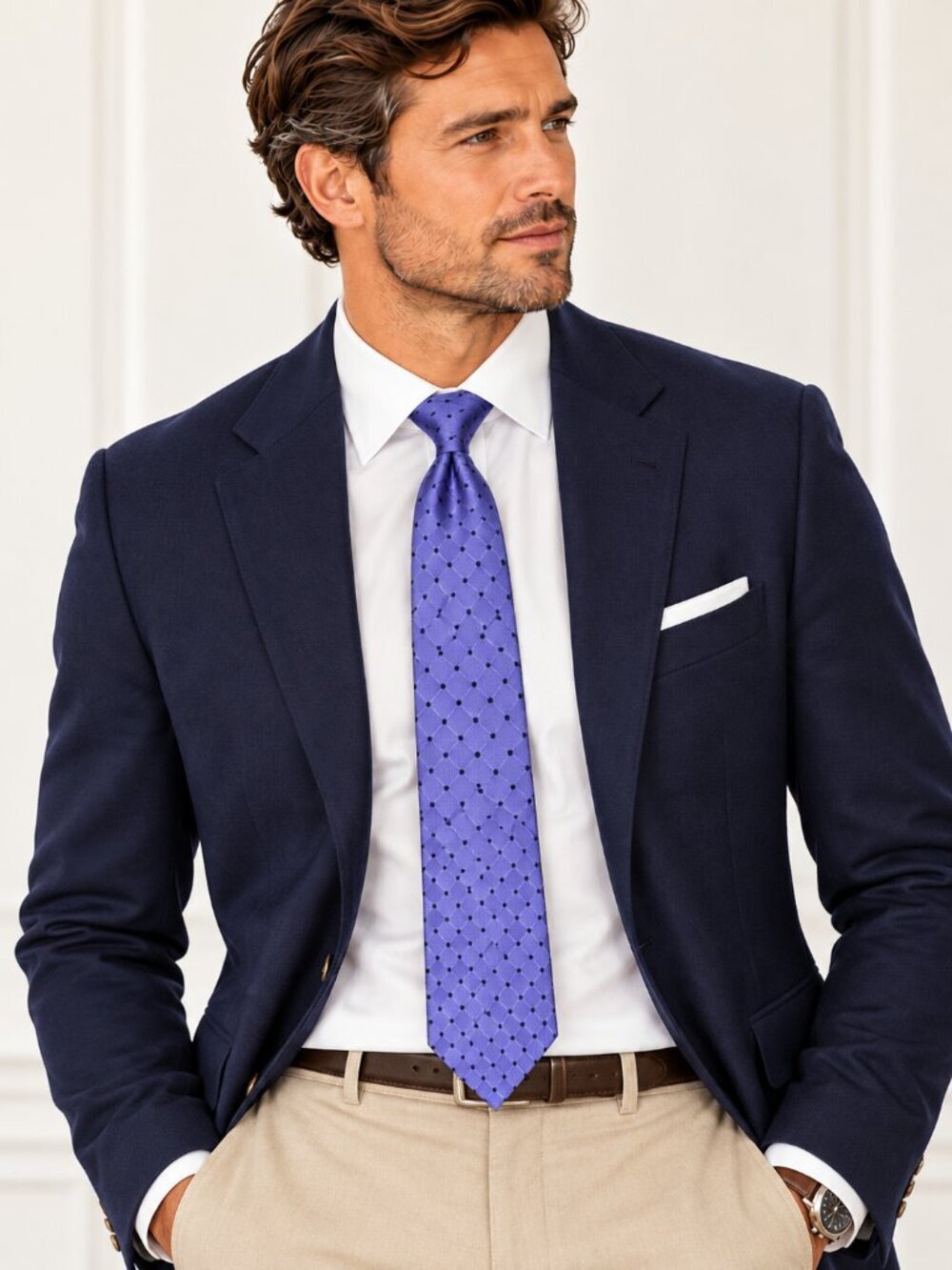 Nordstrom Mens Lavender Navy Silk Necktie Square Dots Tie USA Made Preppy NEW